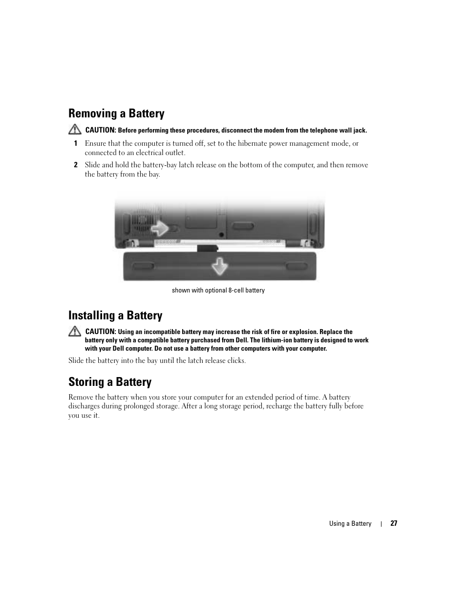 Removing a battery, Installing a battery, Storing a battery | Dell Inspiron 700M User Manual | Page 27 / 114