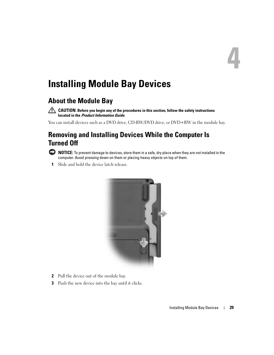 Installing module bay devices, About the module bay | Dell Inspiron 700M User Manual | Page 29 / 114