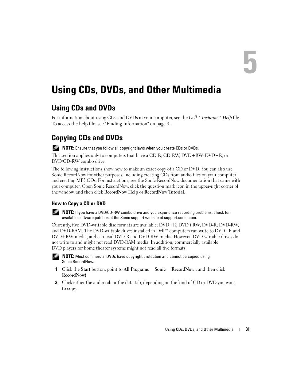 Using cds, dvds, and other multimedia, Using cds and dvds, Copying cds and dvds | How to copy a cd or dvd | Dell Inspiron 700M User Manual | Page 31 / 114