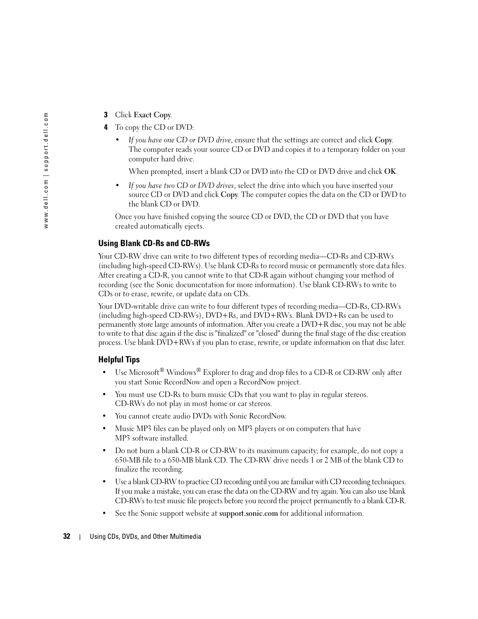 Using blank cd-rs and cd-rws, Helpful tips | Dell Inspiron 700M User Manual | Page 32 / 114