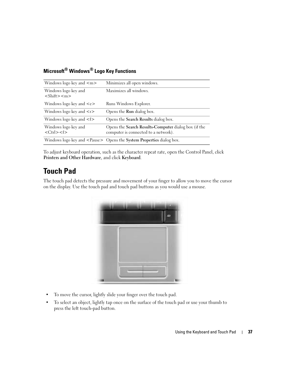 Microsoft® windows® logo key functions, Touch pad | Dell Inspiron 700M User Manual | Page 37 / 114