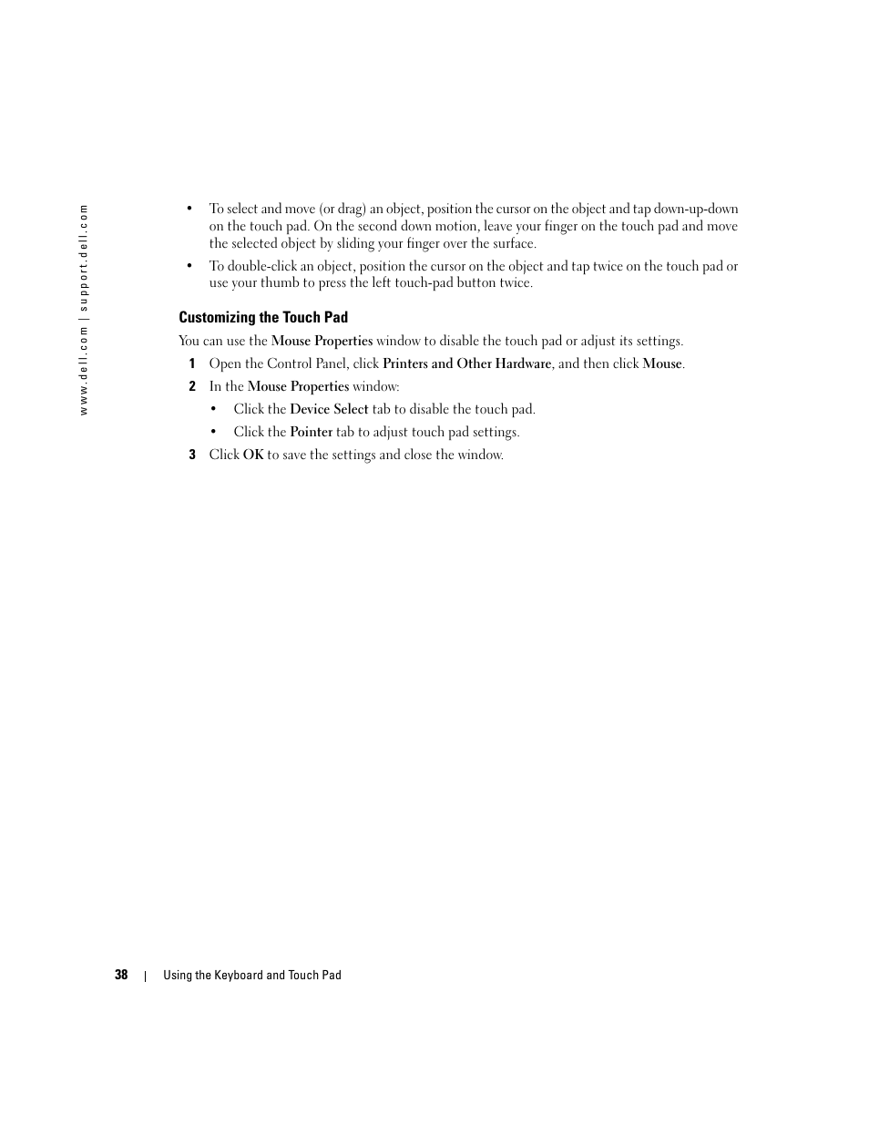 Customizing the touch pad | Dell Inspiron 700M User Manual | Page 38 / 114