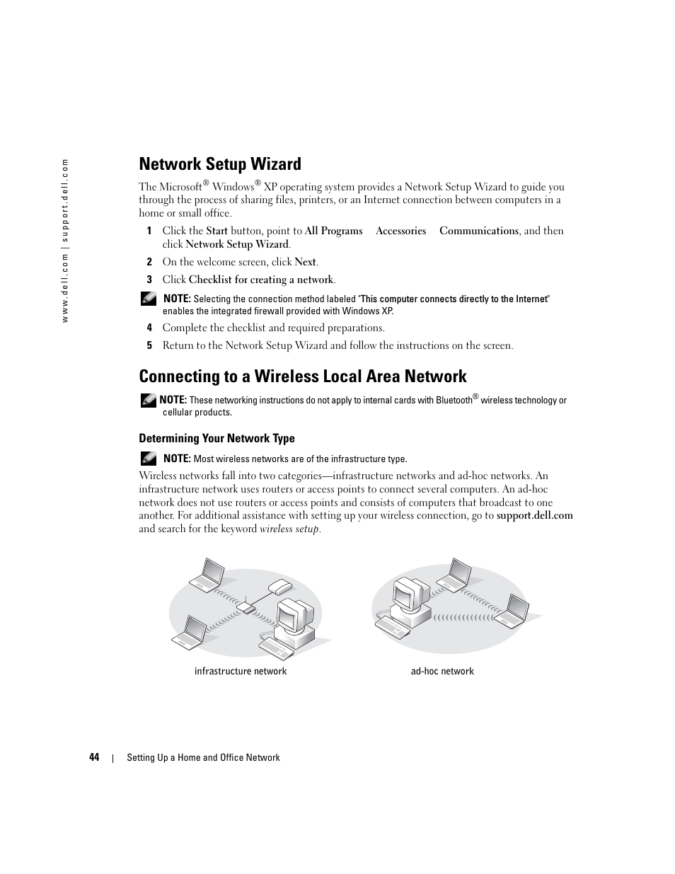 Network setup wizard, Connecting to a wireless local area network, Determining your network type | Dell Inspiron 700M User Manual | Page 44 / 114