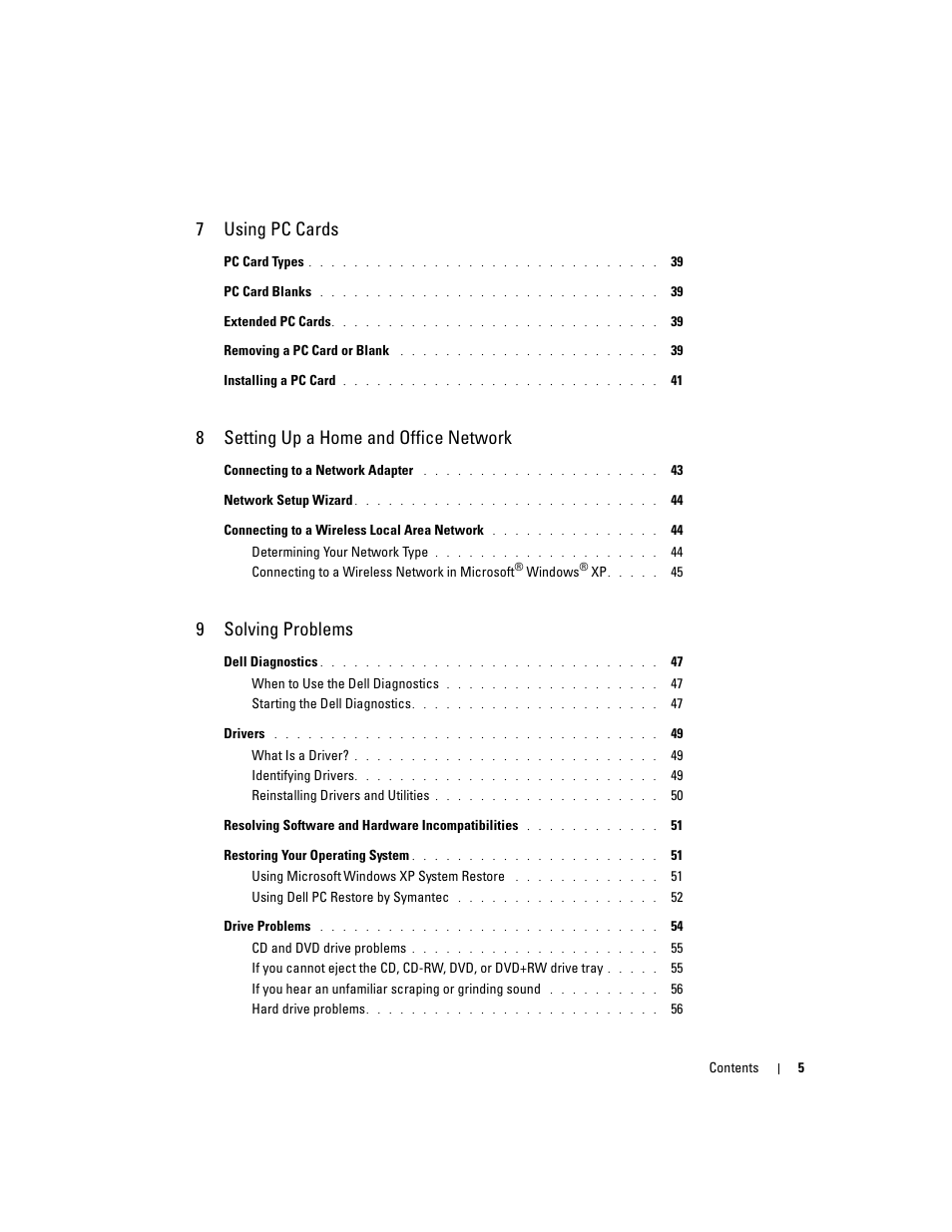 7using pc cards, 8setting up a home and office network, 9solving problems | Dell Inspiron 700M User Manual | Page 5 / 114