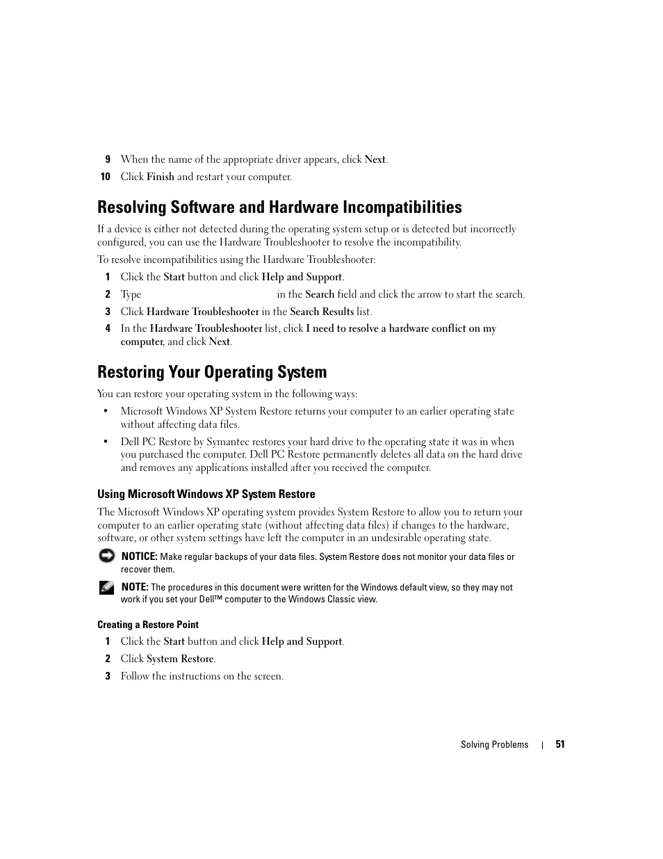 Resolving software and hardware incompatibilities, Restoring your operating system, Using microsoft windows xp system restore | Using microsoft | Dell Inspiron 700M User Manual | Page 51 / 114
