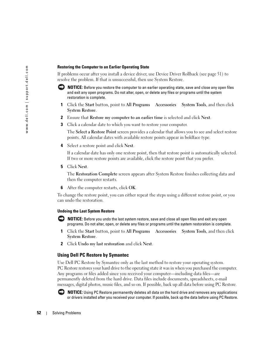 Using dell pc restore by symantec | Dell Inspiron 700M User Manual | Page 52 / 114