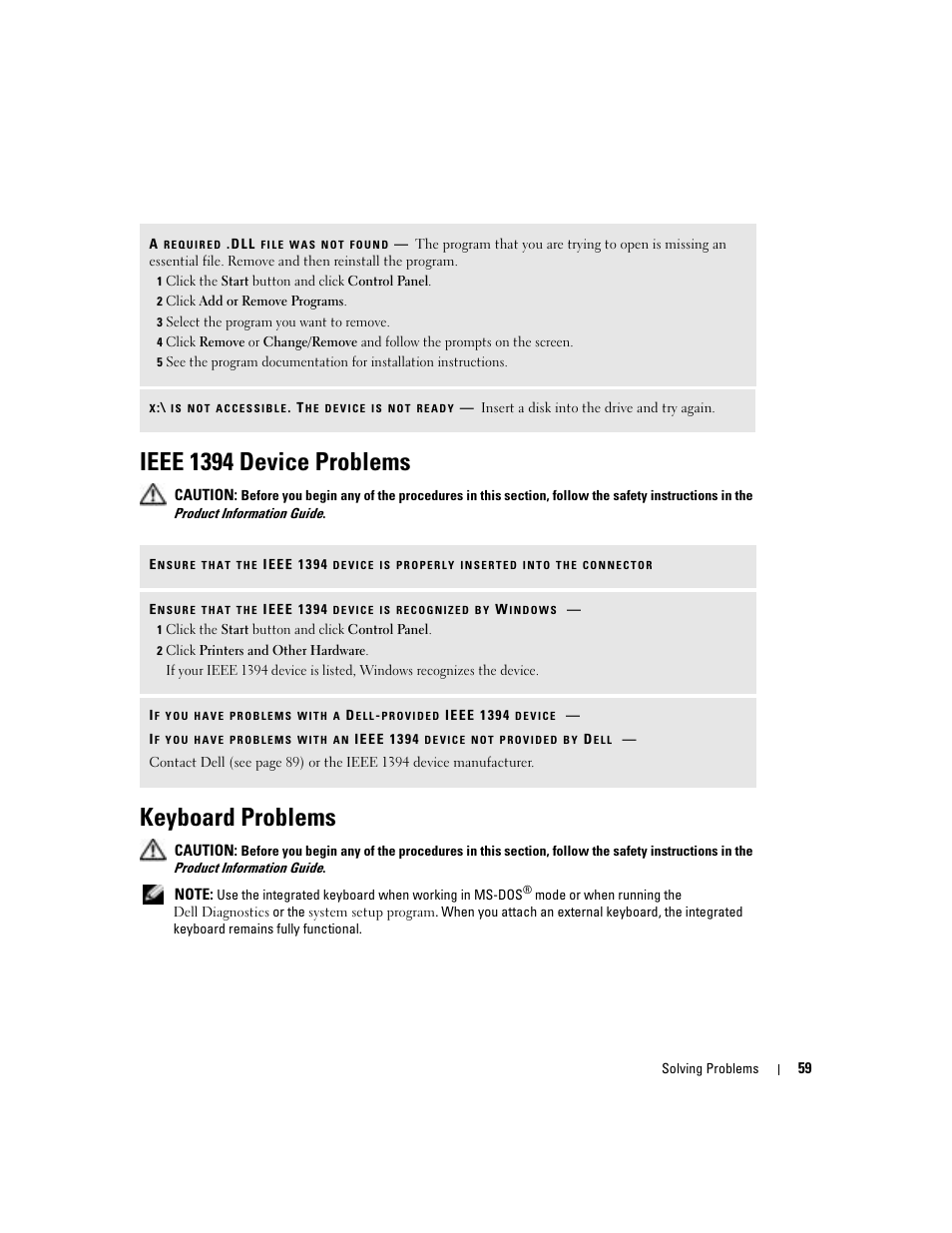 Ieee 1394 device problems, Keyboard problems | Dell Inspiron 700M User Manual | Page 59 / 114