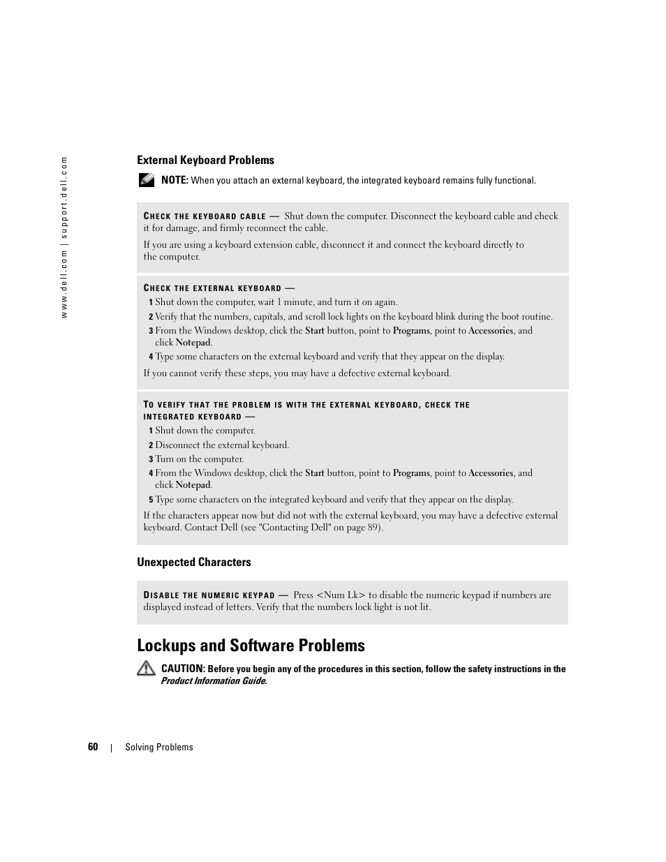 External keyboard problems, Unexpected characters, Lockups and software problems | Dell Inspiron 700M User Manual | Page 60 / 114