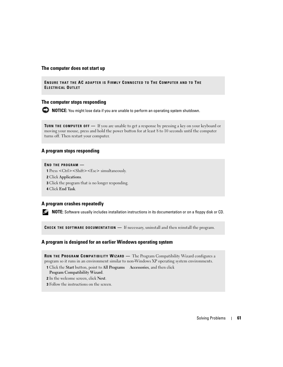 The computer does not start up, The computer stops responding, A program stops responding | A program crashes repeatedly | Dell Inspiron 700M User Manual | Page 61 / 114