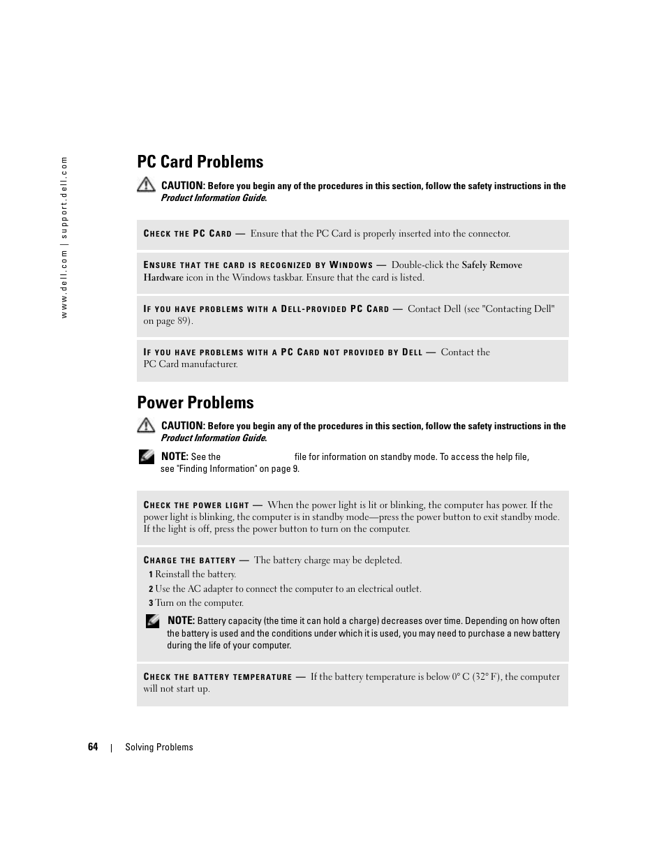 Pc card problems, Power problems | Dell Inspiron 700M User Manual | Page 64 / 114