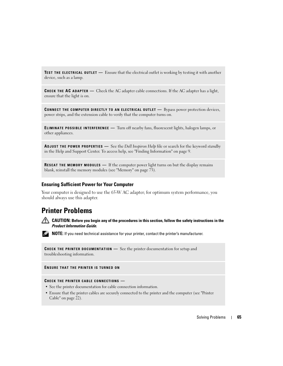 Ensuring sufficient power for your computer, Printer problems | Dell Inspiron 700M User Manual | Page 65 / 114