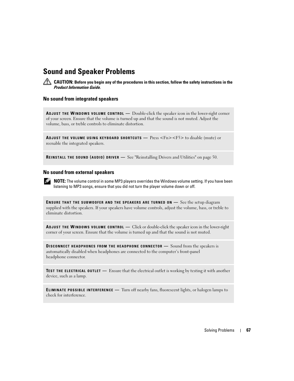 Sound and speaker problems, No sound from integrated speakers, No sound from external speakers | Dell Inspiron 700M User Manual | Page 67 / 114