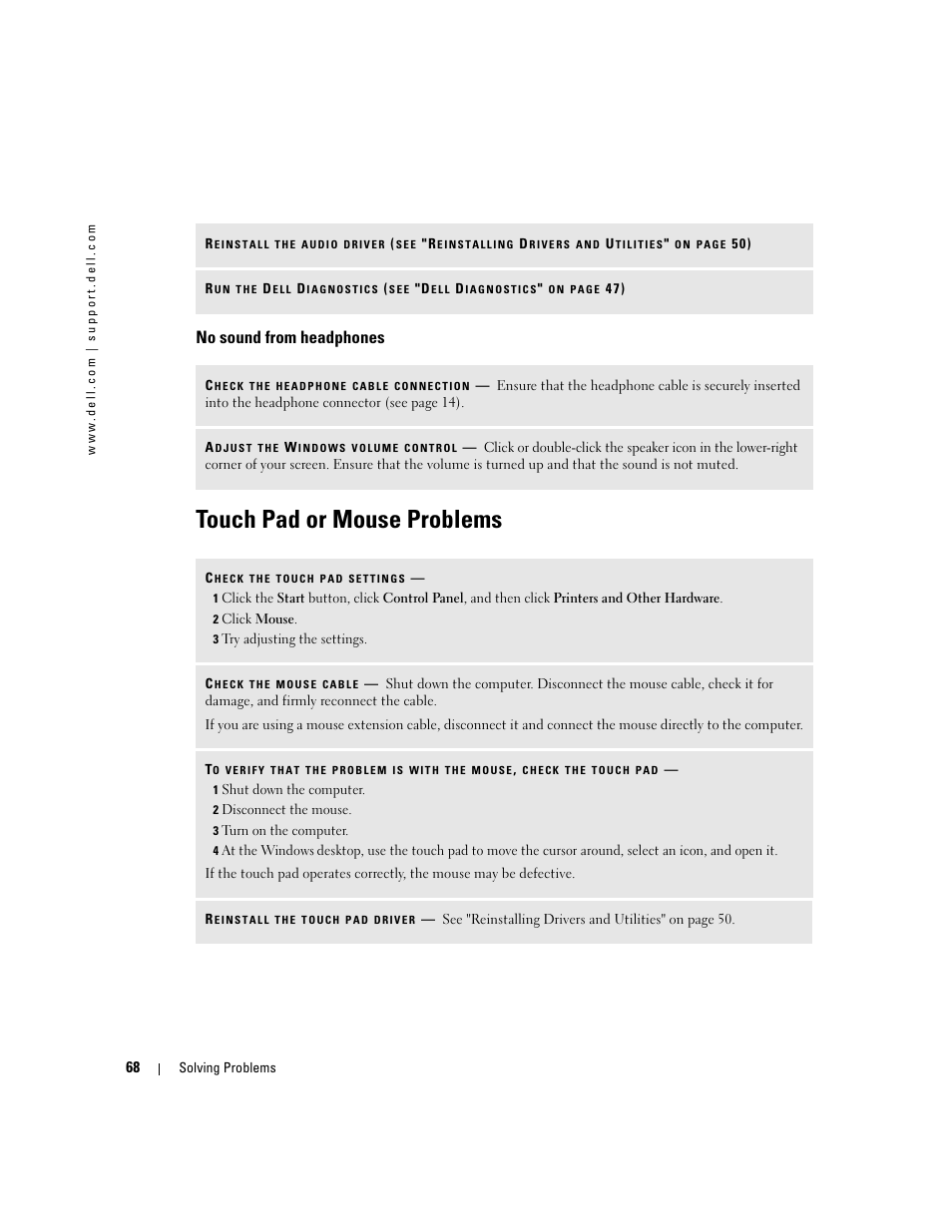 No sound from headphones, Touch pad or mouse problems | Dell Inspiron 700M User Manual | Page 68 / 114
