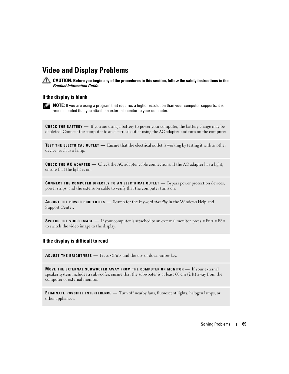 Video and display problems, If the display is blank, If the display is difficult to read | Dell Inspiron 700M User Manual | Page 69 / 114