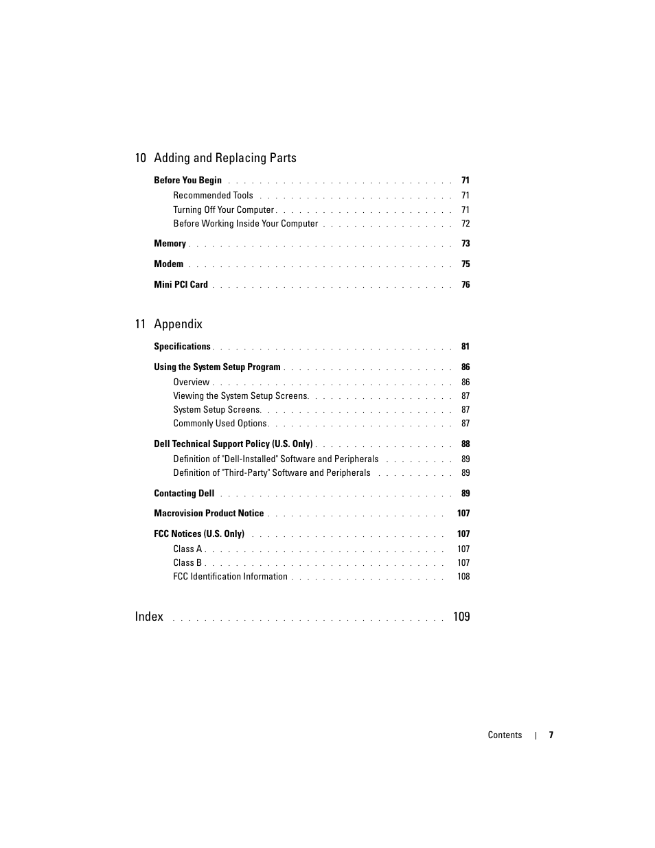 10 adding and replacing parts, 11 appendix, Index | Dell Inspiron 700M User Manual | Page 7 / 114