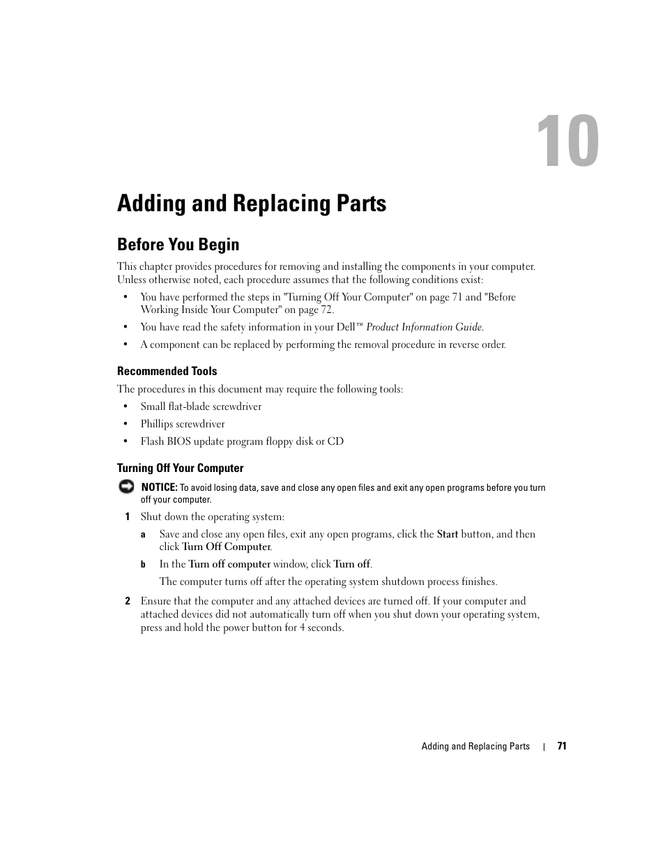 Adding and replacing parts, Before you begin, Recommended tools | Turning off your computer, 10 adding and replacing parts | Dell Inspiron 700M User Manual | Page 71 / 114
