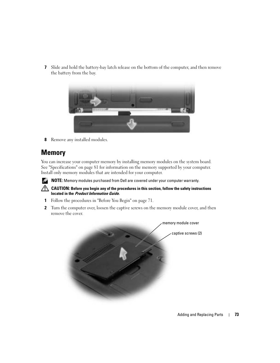 Memory, The memory module. see "memory | Dell Inspiron 700M User Manual | Page 73 / 114