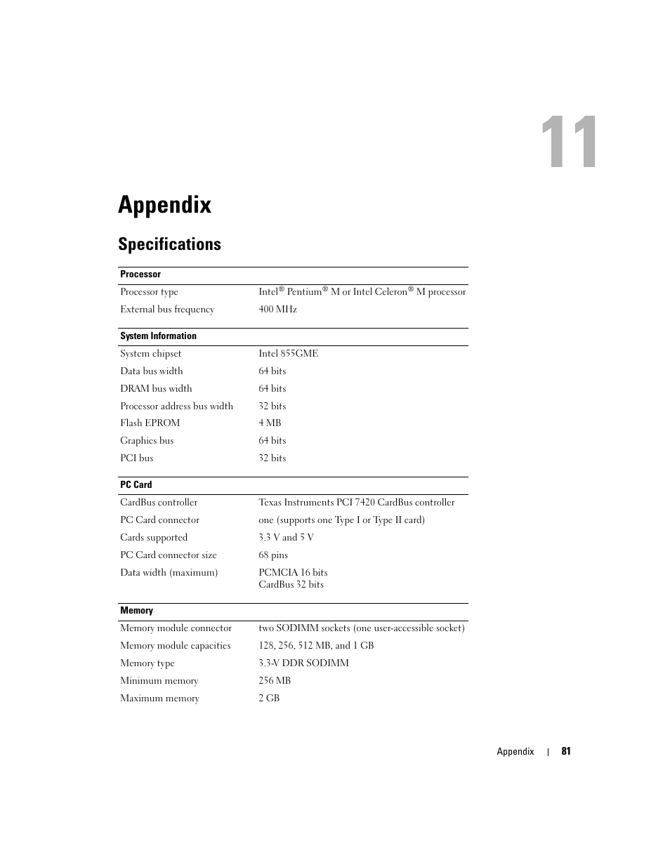 Appendix, Specifications, 11 appendix | Dell Inspiron 700M User Manual | Page 81 / 114