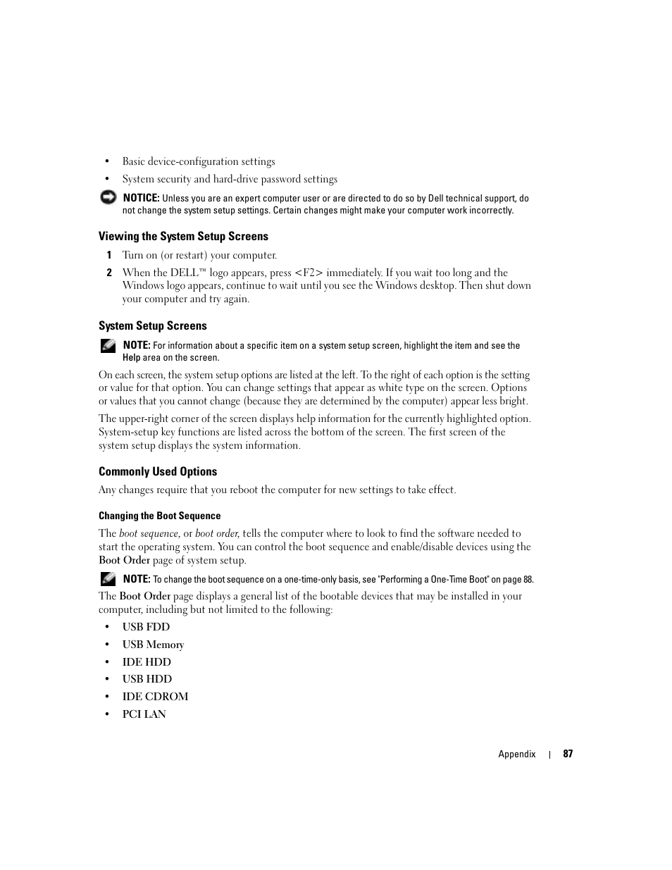 Viewing the system setup screens, System setup screens, Commonly used options | Dell Inspiron 700M User Manual | Page 87 / 114