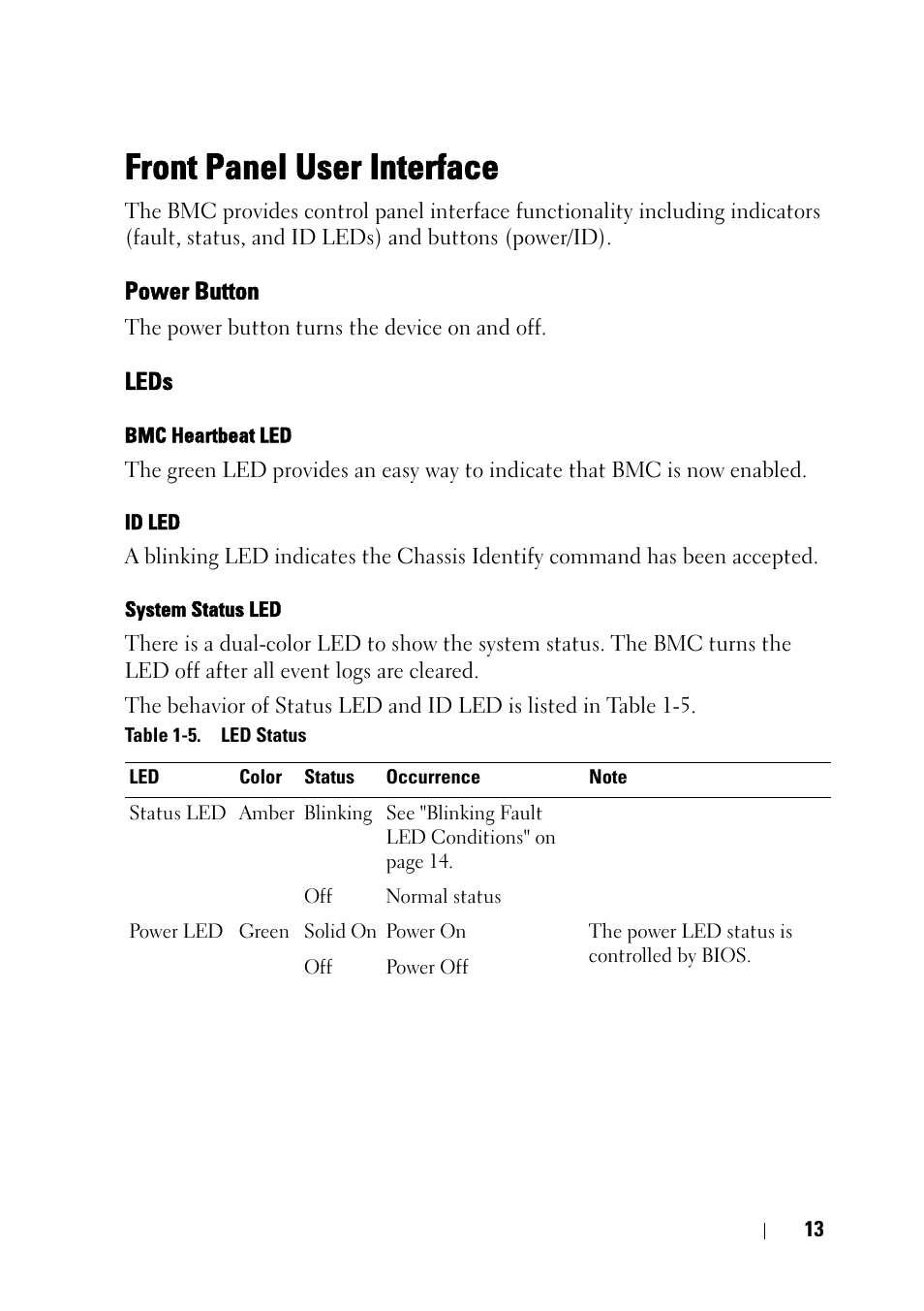 Front panel user interface, Power button, Leds | Dell PowerEdge C5230 User Manual | Page 15 / 74