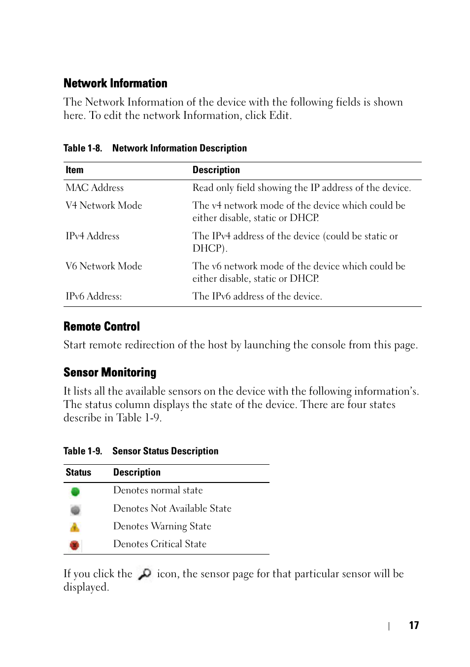 Network information, Remote control, Sensor monitoring | Dell PowerEdge C5230 User Manual | Page 19 / 74