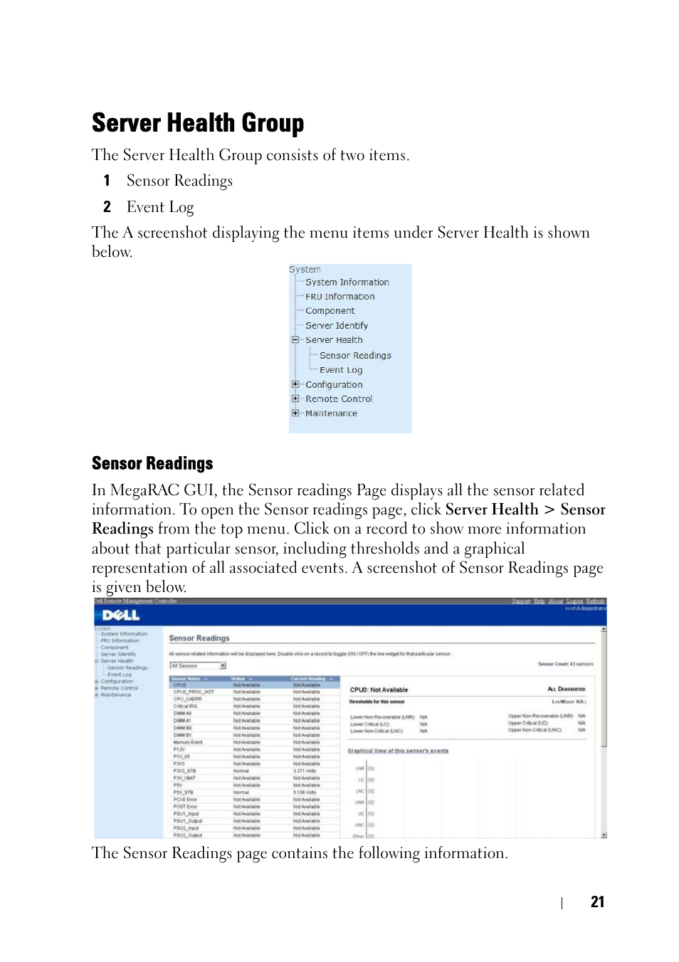 Server health group, Sensor readings | Dell PowerEdge C5230 User Manual | Page 23 / 74