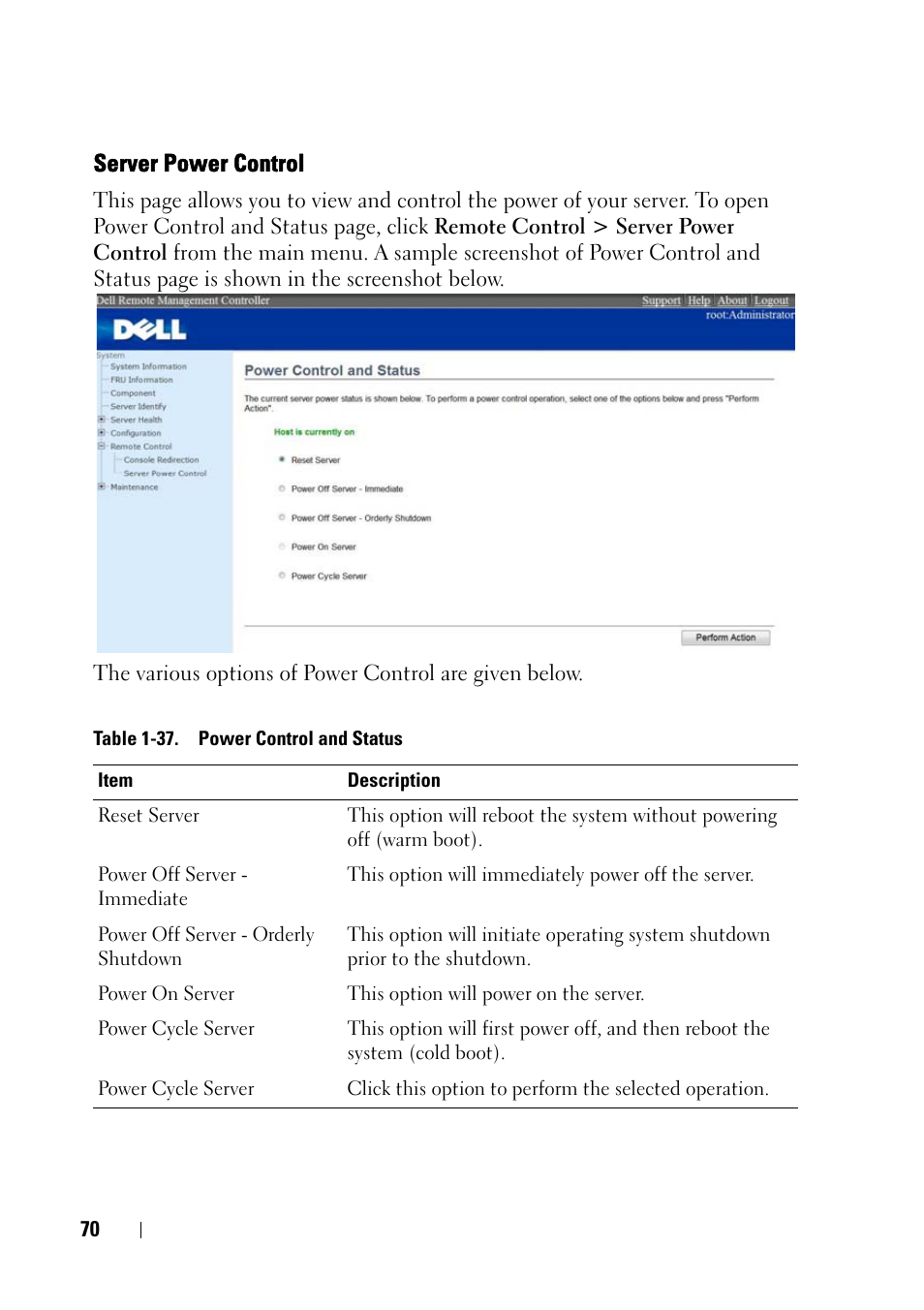 Server power control | Dell PowerEdge C5230 User Manual | Page 72 / 74