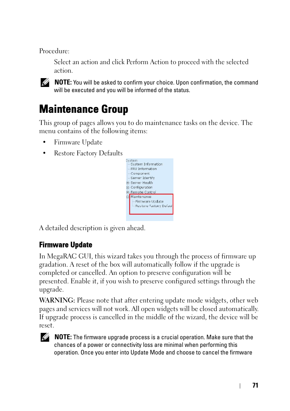 Maintenance group, Firmware update | Dell PowerEdge C5230 User Manual | Page 73 / 74