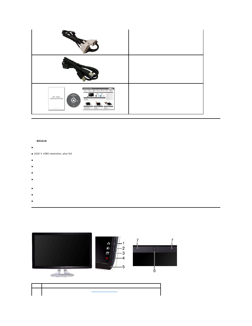 Product features, Identifying parts and controls, Identifying parts and controls front view | Dell SX2210WFP Monitor User Manual | Page 3 / 37