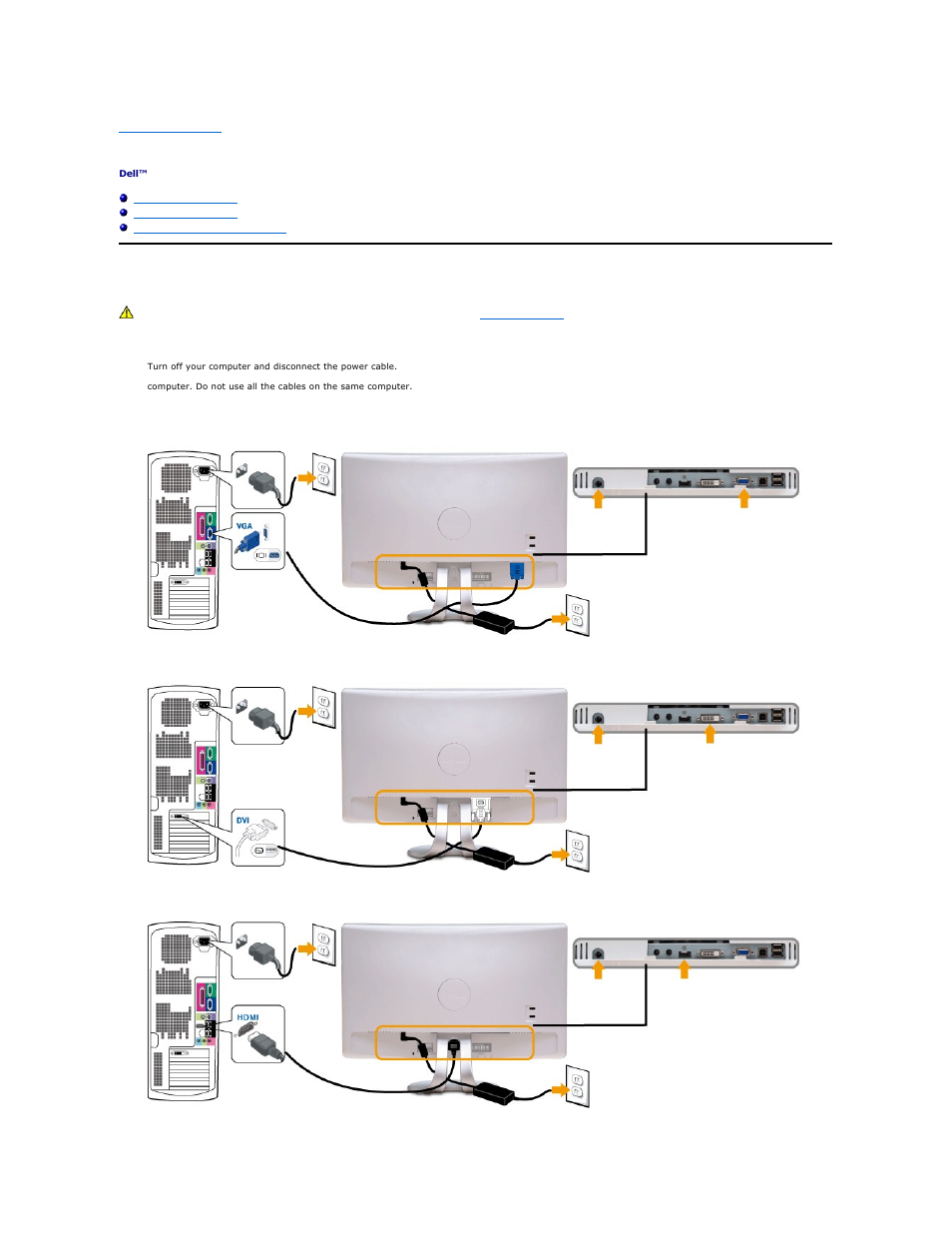 Setting up the monitor, Connecting your monitor, Connecting the blue vga cable | Connecting the white dvi cable, Connecting the hdmi cable | Dell SX2210WFP Monitor User Manual | Page 30 / 37