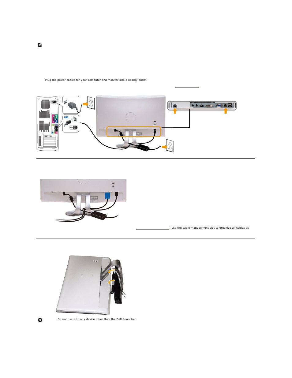 Organizing your cables, Connecting the usb cable, Attaching the soundbar (optional) | Dell SX2210WFP Monitor User Manual | Page 31 / 37