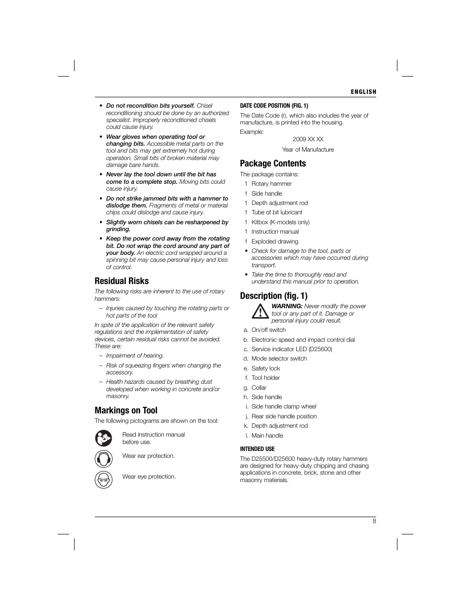 Residual risks, Markings on tool, Package contents | Description (fi g. 1) | Black & Decker D25600 User Manual | Page 10 / 16