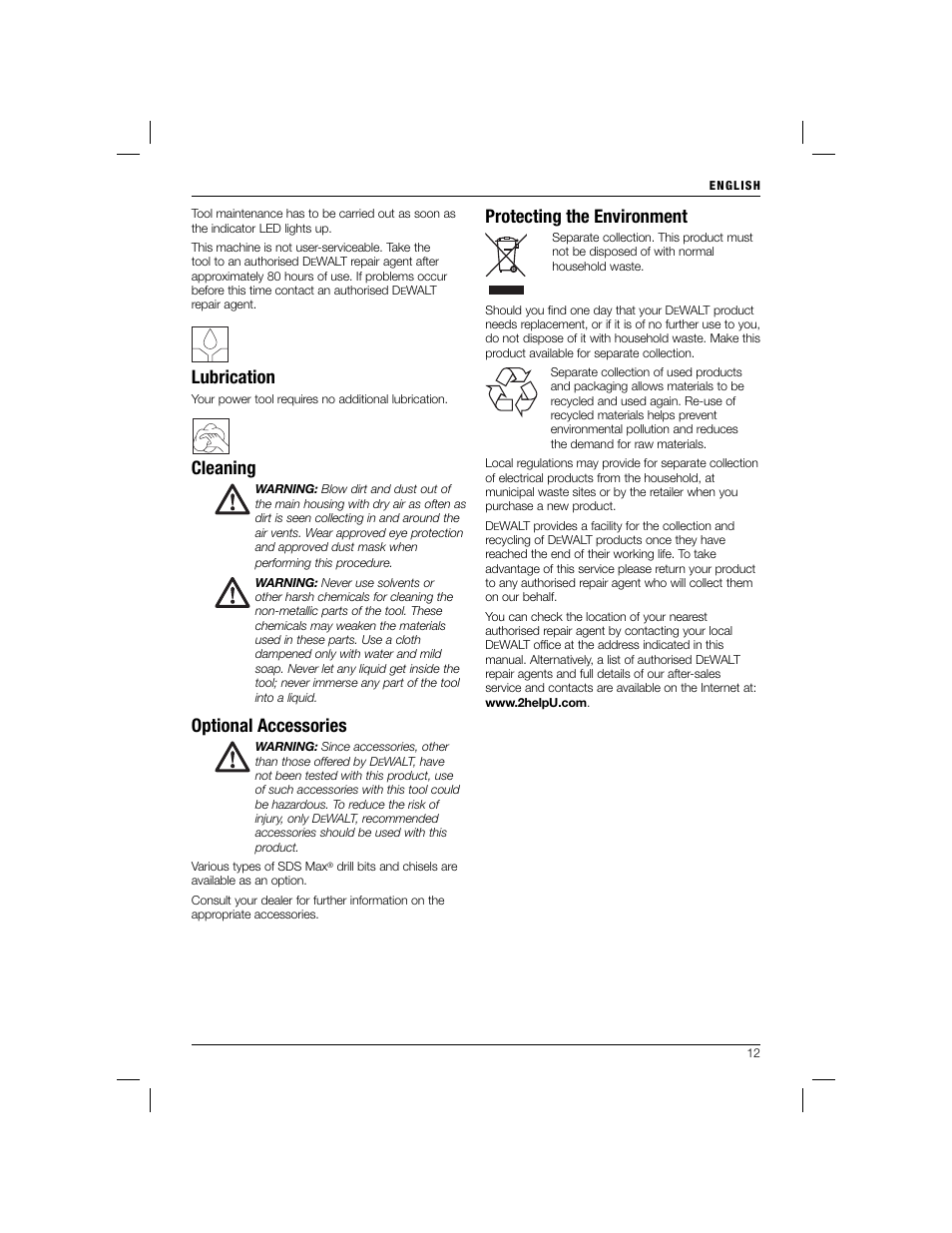 Lubrication, Cleaning, Optional accessories | Protecting the environment | Black & Decker D25600 User Manual | Page 14 / 16