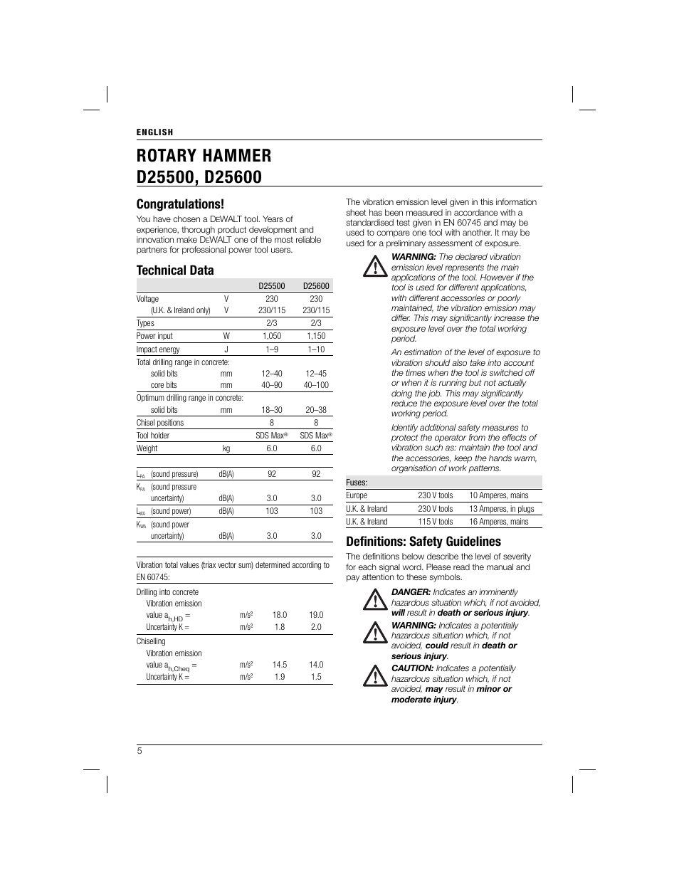 Technical data, Defi nitions: safety guidelines | Black & Decker D25600 User Manual | Page 7 / 16