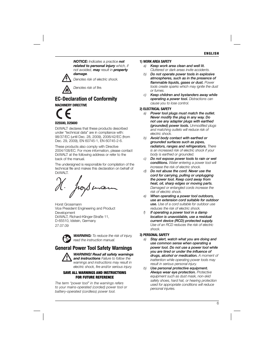 Ec-declaration of conformity, General power tool safety warnings | Black & Decker D25600 User Manual | Page 8 / 16
