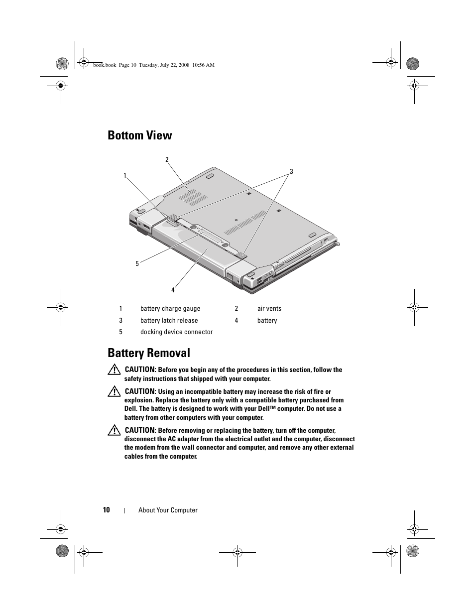 Bottom view, Battery removal, Bottom view battery removal | Dell Precision M2400 (Mid 2008) User Manual | Page 10 / 70