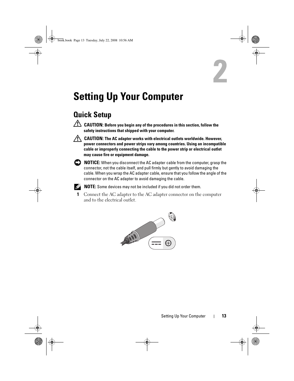 Setting up your computer, Quick setup | Dell Precision M2400 (Mid 2008) User Manual | Page 13 / 70
