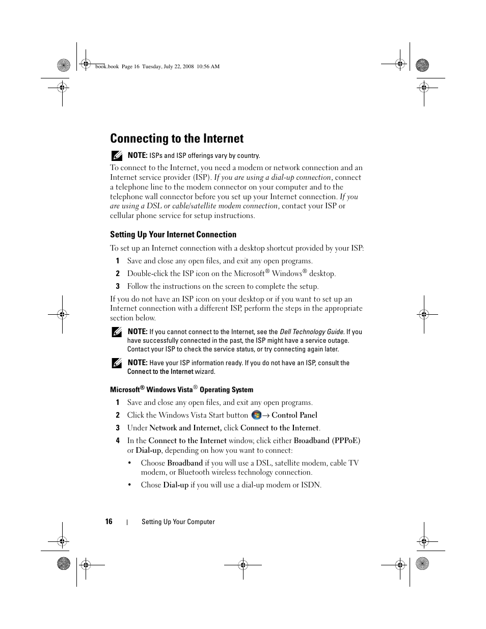 Connecting to the internet, Setting up your internet connection | Dell Precision M2400 (Mid 2008) User Manual | Page 16 / 70