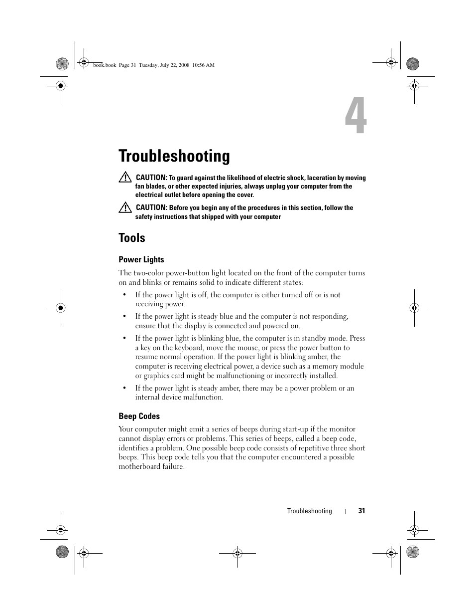 Troubleshooting, Tools, Power lights | Beep codes | Dell Precision M2400 (Mid 2008) User Manual | Page 31 / 70