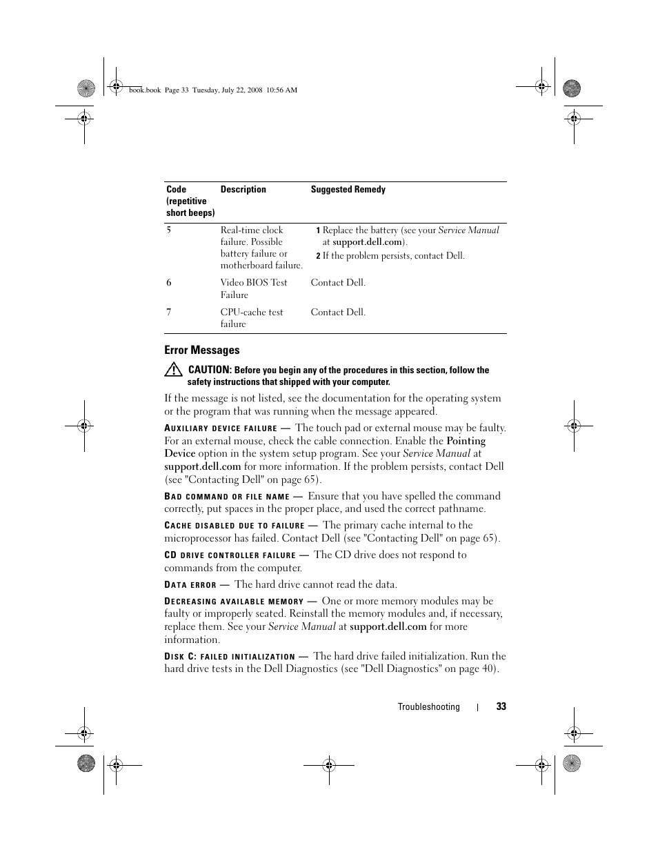 Error messages | Dell Precision M2400 (Mid 2008) User Manual | Page 33 / 70