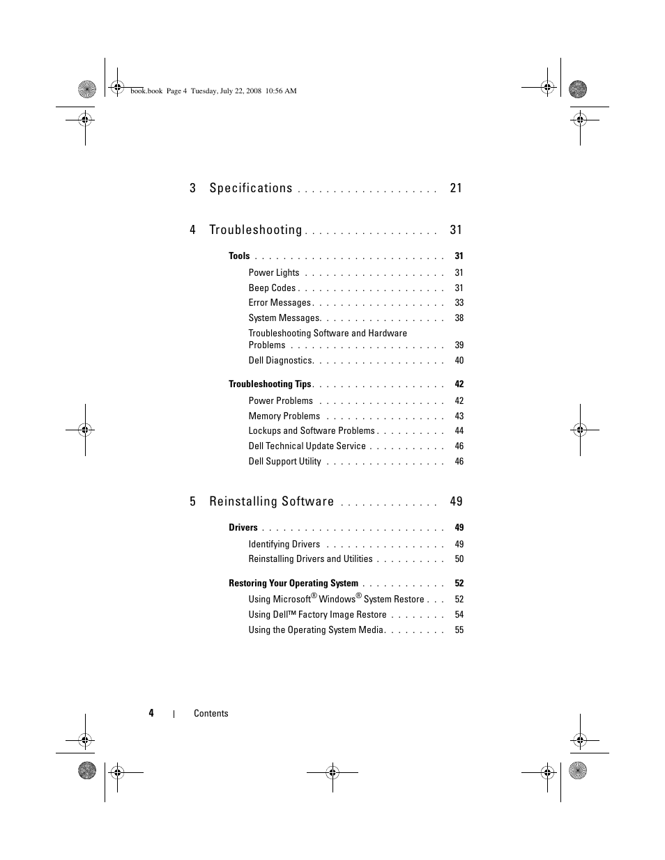 3specifications, 21 4 troubleshooting, 5reinstalling software | Dell Precision M2400 (Mid 2008) User Manual | Page 4 / 70