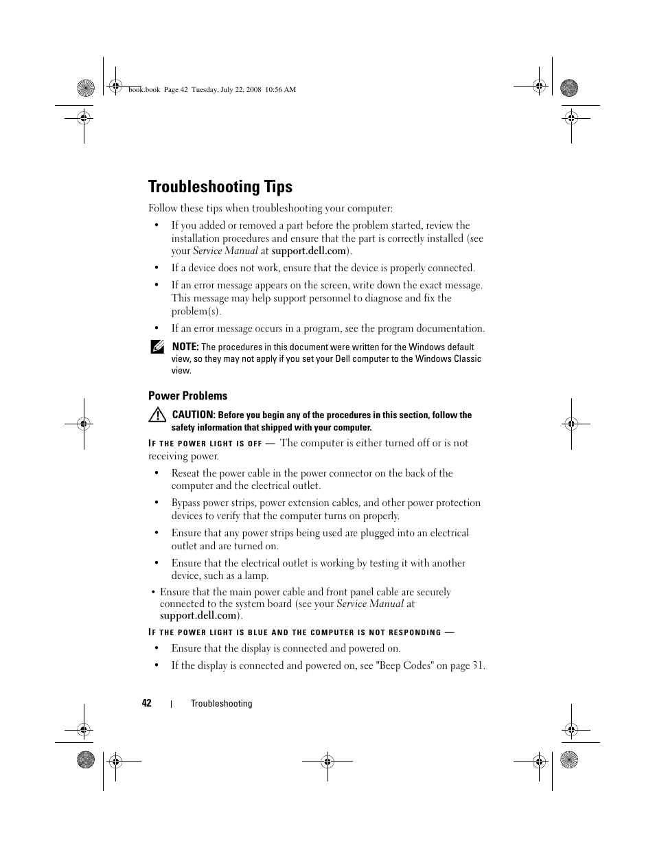 Troubleshooting tips, Power problems | Dell Precision M2400 (Mid 2008) User Manual | Page 42 / 70