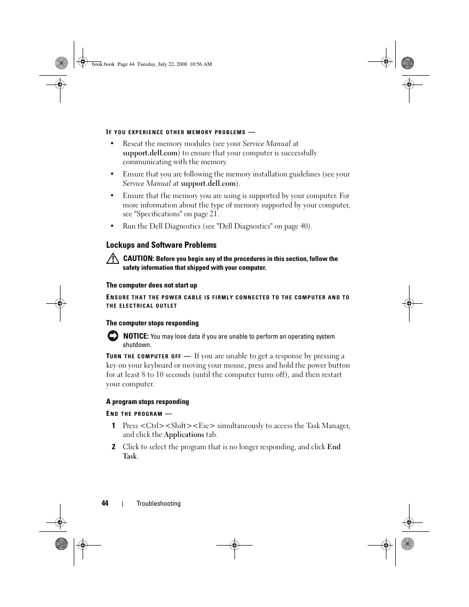 Lockups and software problems | Dell Precision M2400 (Mid 2008) User Manual | Page 44 / 70