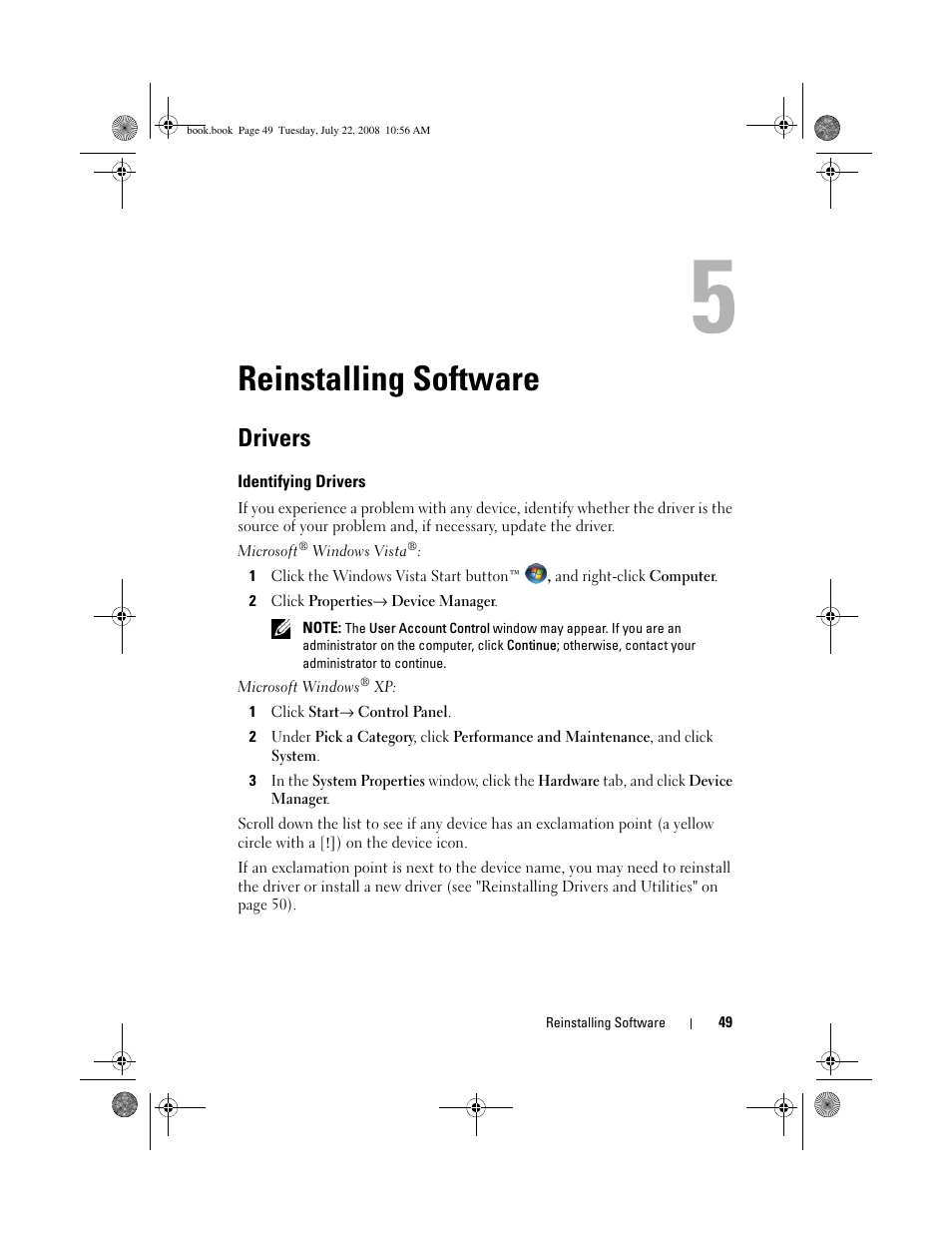 Reinstalling software, Drivers, Identifying drivers | Dell Precision M2400 (Mid 2008) User Manual | Page 49 / 70