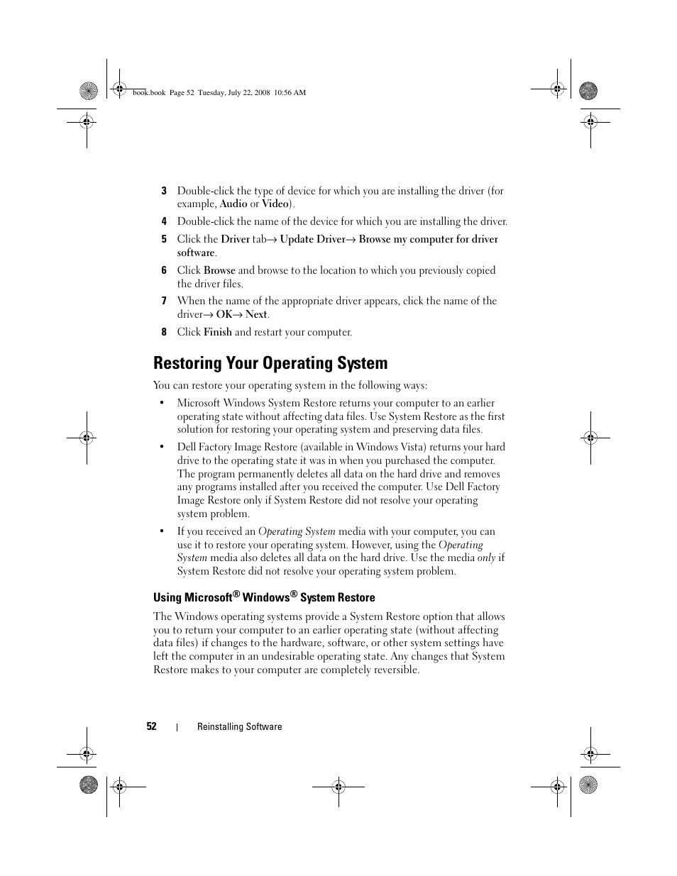 Restoring your operating system, Using microsoft® windows® system restore, Using microsoft | Dell Precision M2400 (Mid 2008) User Manual | Page 52 / 70