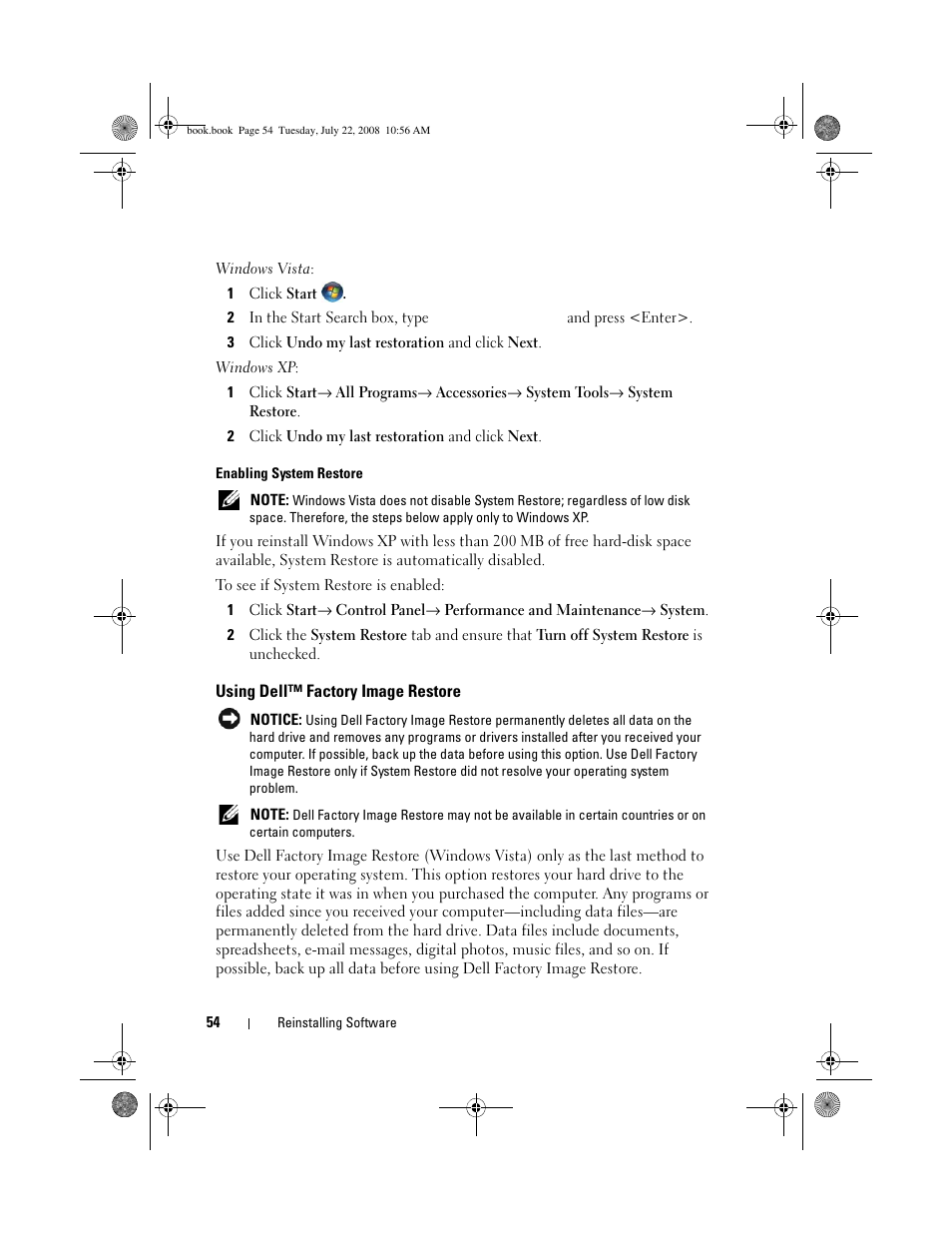 Using dell™ factory image restore | Dell Precision M2400 (Mid 2008) User Manual | Page 54 / 70