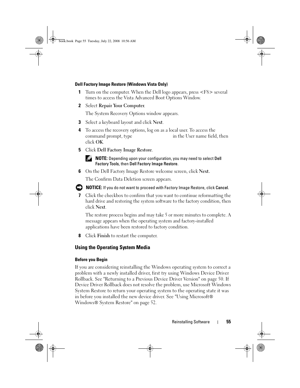 Using the operating system media | Dell Precision M2400 (Mid 2008) User Manual | Page 55 / 70