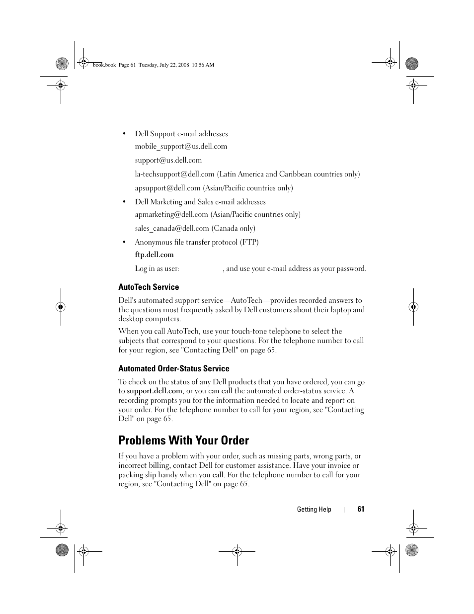 Autotech service, Automated order-status service, Problems with your order | Dell Precision M2400 (Mid 2008) User Manual | Page 61 / 70