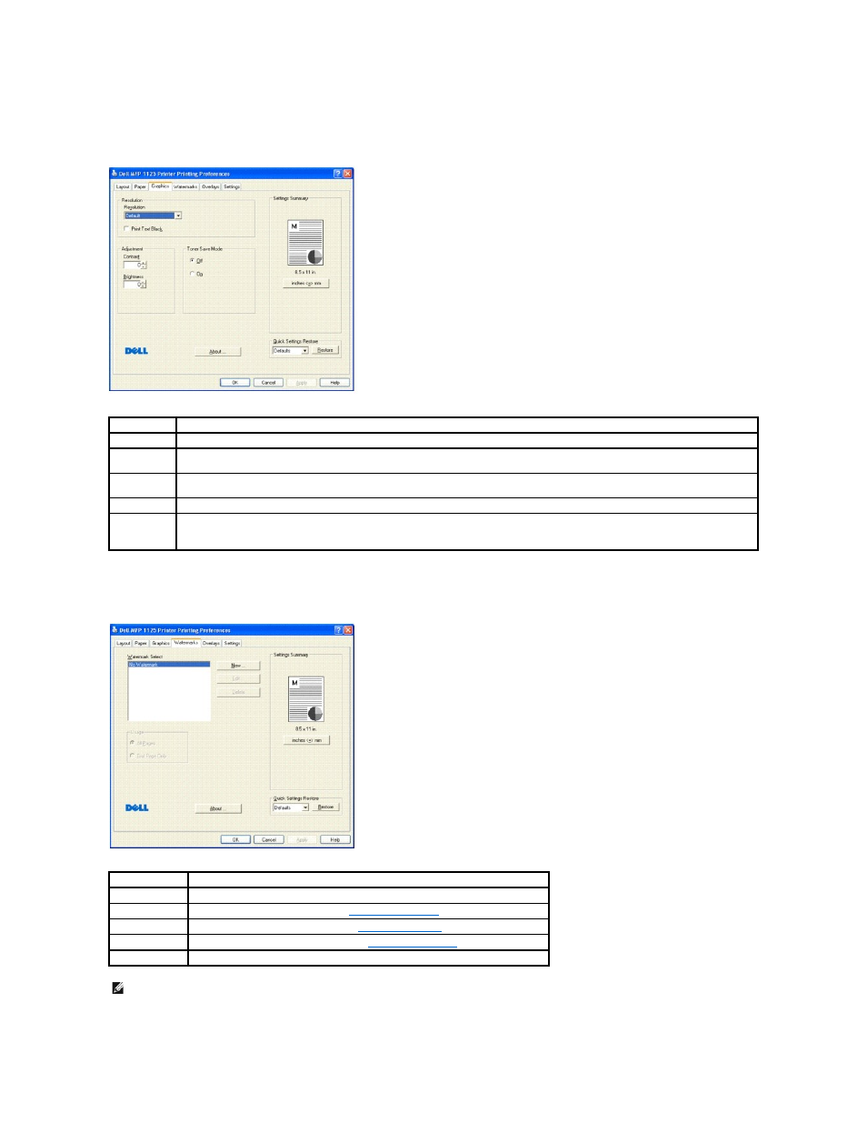 Graphics tab, Watermarks tab | Dell 1125 Multifunctional Laser Printer User Manual | Page 48 / 111