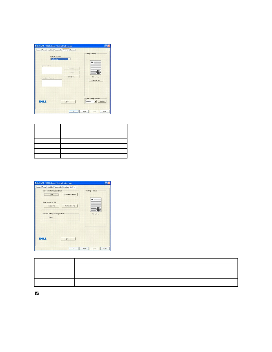 Overlays tab, Settings tab, Using help | Dell 1125 Multifunctional Laser Printer User Manual | Page 49 / 111